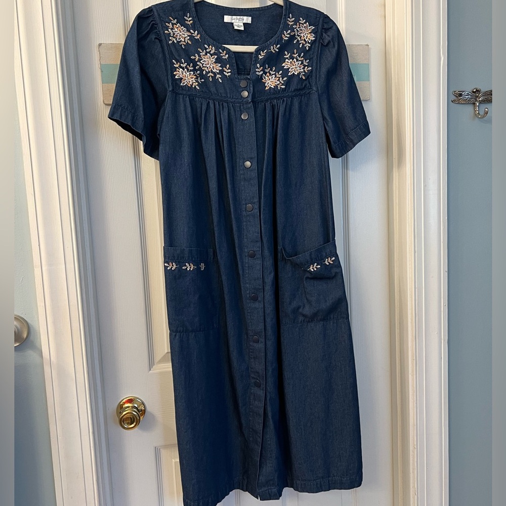 Grandma Chic Go Softly Patio Blue Cotton Embroidered House-dress Sz S